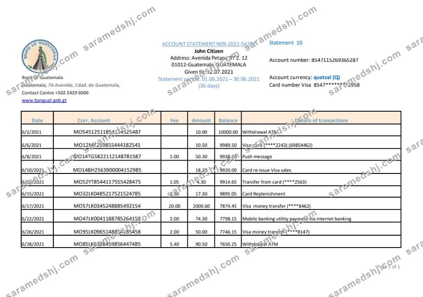 Guatemala Banco de Guatemala bank statement easy to fill template in Excel and PDF format